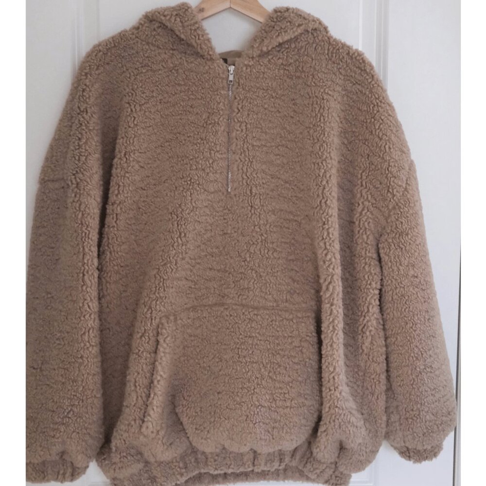Light Brown Hooded Oversized Half Zip Sherpa Pullover Hoodie (S)